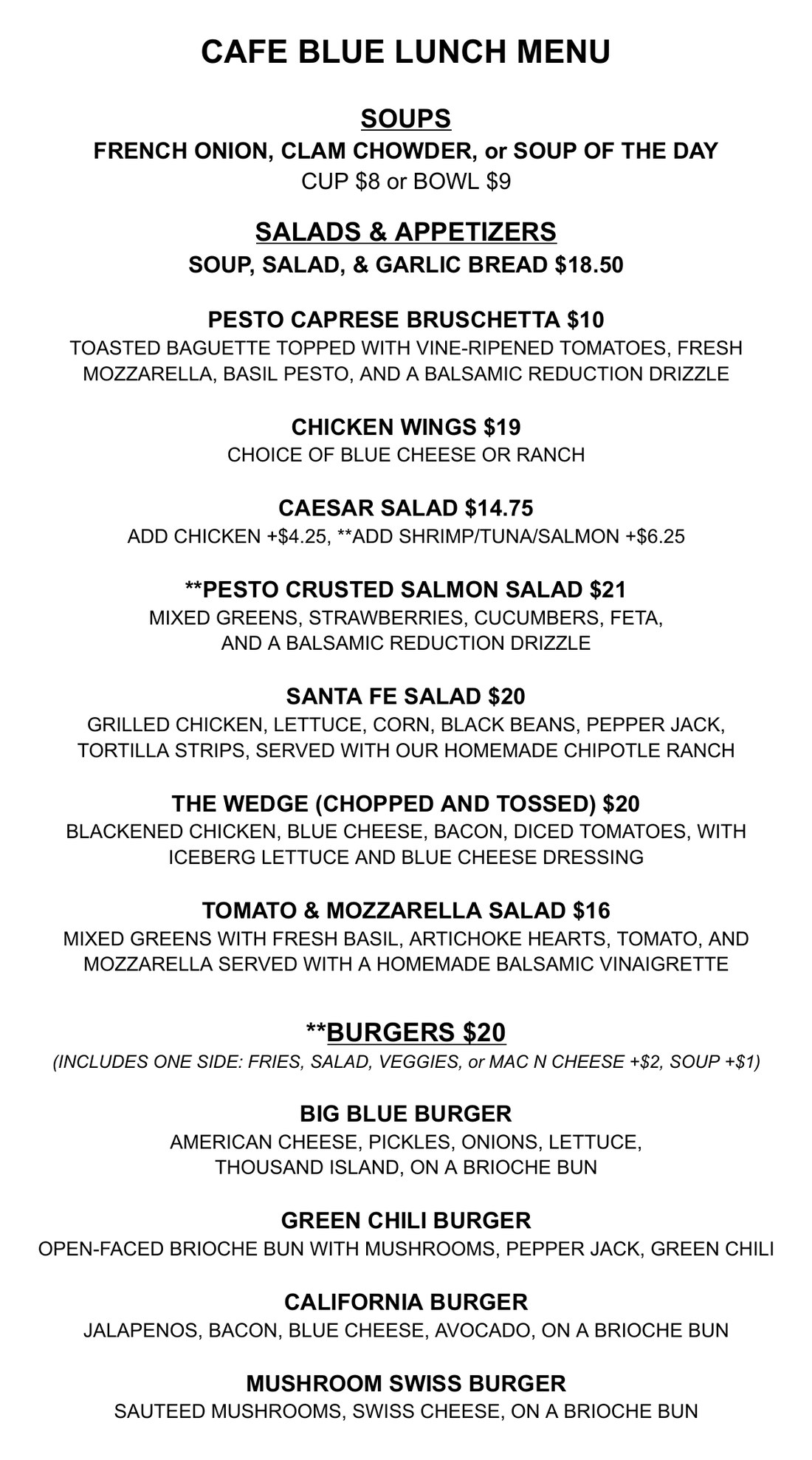 Cafe Blue Lunch Menu Page 1